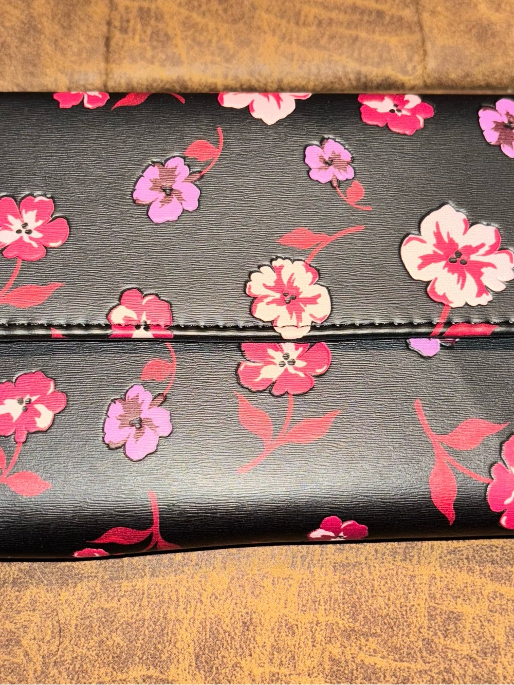 Time and Tru Black Floral Clutch with Pink & Purple Flowers